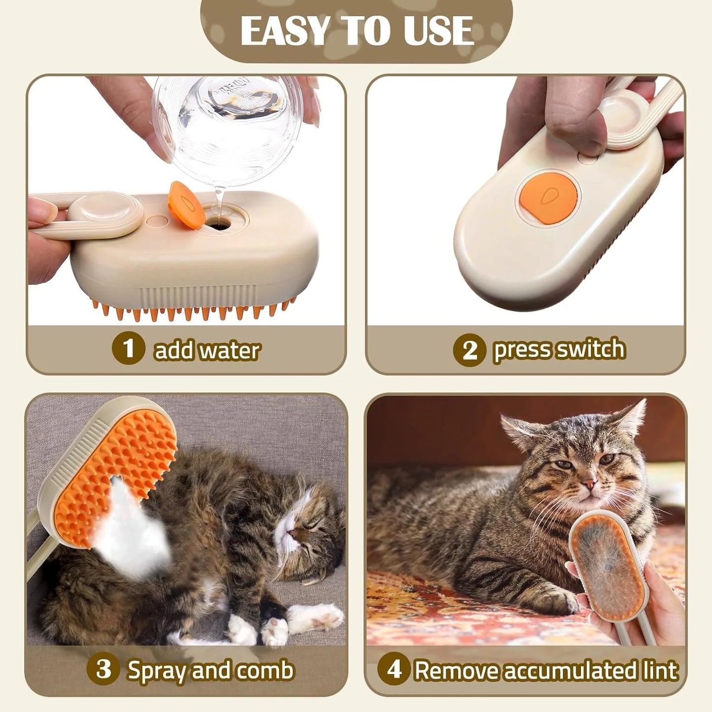 🐾 Cepillo Vaporizador 3 en 1 para Perros y Gatos