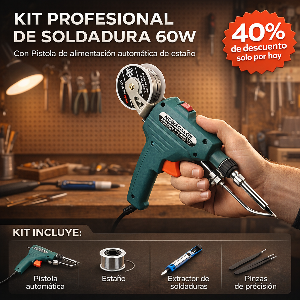 KIT COMPLETO CON PISTOLA AUTOMATICA PARA SOLDAR - Incluye estaño, extractor de soldadura y pinzas de precisión