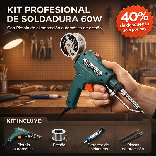 KIT COMPLETO CON PISTOLA AUTOMATICA PARA SOLDAR - Incluye estaño, extractor de soldadura y pinzas de precisión