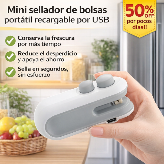 Mini sellador de bolsas portátil recargable por USB (Sella y corta)