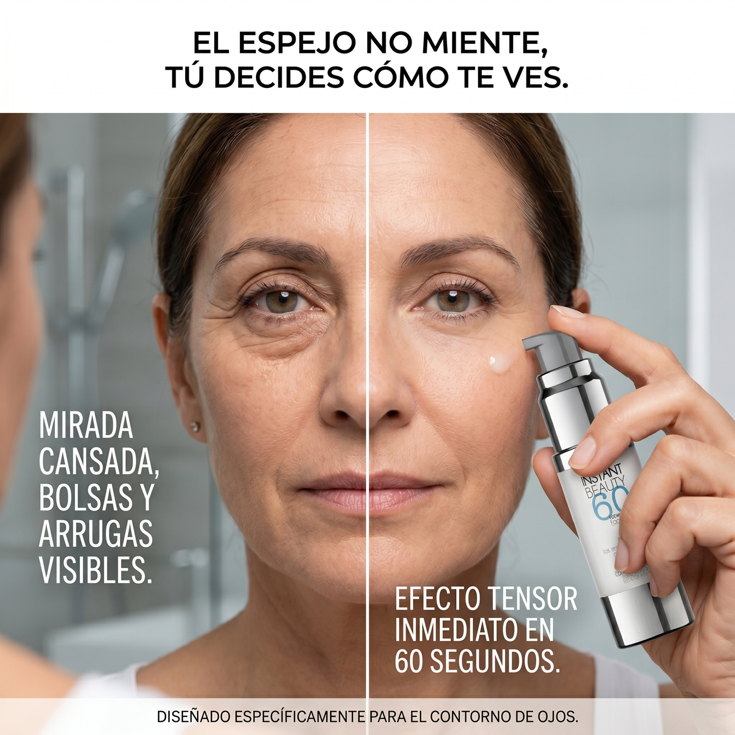 Instant Beauty 60 · Contorno de Ojos Antiarrugas · Elimina Bolsas en 60 Segundos
